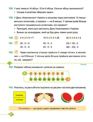 138. У вазі лежало 14 яблук. З’їли 6 яблук. Скільки яблук залишилося?
• Склади й розв’яжи обернені задачі.
139. У День Незалежності України в міському парку виступило 12 танцю­
вальних колективів, а хорових — на 8 менше. У скільки разів більше
виступило танцювальних колективів, ніж хорових?
• Пригадай, якого дня святкують День Незалежності України.
• Визнач за календарем, який це був день тижня цього року.
140. С ІЗ 4ЄЗ >5 = 7 15ЄЗІ 5 = 25 24 • 3 І 4 = 2
141. 20 : 5 + 5 40:5:4 (15 + 15): 5
35:5-6 25:5:5 (40 - 25): 5
142. Через залізничну станцію пройшло 3 швидкі потяги, а вантаж­
них — на 9 більше. У скільки разів більше пройшло вантажних потя-
2 3 4 5 6 7 8 9
1 £ 1 1 £ £ 1
10 15 20 25 ЗО 35 40 45
144. Розглянь, як різні об’єкти поділено на дві рівні частини (дві половини).
половина
половина
Половина — це одна з двох однакових частин цілого.
♦
 