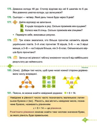 175. Довжина колоди 48 дм. Столяр відрізав від неї 6 шматків по 6 дм.
Яка довжина шматка колоди, що залишився?
176. Сьогодні — четвер. Який день тижня буде через 9 днів?
Дайте відповіді на запитання.
8 кущів посадили в ряд. Скільки проміжків між кущами?
Колесо має 8 спиць. Скільки проміжків між спицями?
• Перевірте себе, виконавши рисунки.
178. Три класи змагалися, хто більше прочитає напам’ять віршів
українських поетів. З-A клас прочитав 18 віршів, 3-Б — на 3 вірші
менше, а 3-В — на 5 віршів більше, ніж 3-Б клас. Скільки всього вір­
шів було прочитано?
179. Запиши всі рівності таблиці множення числа 6 від найбільшого
результату до найменшого.
Рівняння
180. (Усно). Добери такі числа, щоб сума чисел кожної сторони дорівню-
вала числу всередині.
181. Поясни, як можна знайти невідомий доданок: + 6 = 14.
Невідоме в рівності число часто позначають маленькою латин­
ською буквою х (ікс). Рівність, яка містить невідоме число, позна­
чене буквою, називають рівнянням.
х + 6 = 14 — це рівняння.
Розв’язати рівняння означає знайти таке числове значення букви,
за якого рівність буде правильною.
 