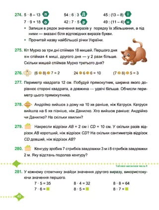 274. 5 - 8-13 О
7-9 + 18 ф
54 : 6 : 3 €►
42 : 7 ■ бф
45: (13-8) О
49 : (11 -4)ф
• Запиши в рядок значення виразів у порядку їх збільшення, а під
ними — вказані біля відповідних виразів букви.
• Прочитай назву найбільшої річки України.
275. Кіт Мурко за три дні спіймав 18 мишей. Першого дня
він спіймав 4 миші, другого дня — у 2 рази більше. о ®
Скільки мишей спіймав Мурко третього дня? &&
276 (6 • 8) • 7 = 2 24 В64 6 = 10 (7 • 8) • 5 = З
277. Периметр квадрата 12 см. Побудуй прямокутник, ширина якого до­
рівнює стороні квадрата, а довжина — удвічі більша. Обчисли пери­
метр цього прямокутника.
278. Андрійко вийшов з дому на 10 хв раніше, ніж Катруся. Катруся
вийшла на 6 хв пізніше, ніж Данилко. Хто вийшов раніше: Андрійко
чи Данилко? На скільки хвилин?
279.
280.
Накресли відрізки АВ = 2 см і СО =10 см. У скільки разів від­
різок АВ коротший, ніж відрізок СО? На скільки сантиметрів відрізок
СО довший, ніж відрізок АВ?
Кенгуру зробив 7 стрибків завдовжки 3 м і 8 стрибків завдовжки
2 м. Яку відстань подолав кенгуру?
Таблиця множення числа 8
281. У кожному стовпчику знайди значення другого виразу, використову­
ючи значення першого.
7 ■ 5 = 35
7-6 =
8 ■ 4 = 32
8 5 =
8 ■ 8 = 64
8 7 =
 