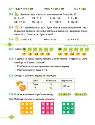 327. 73 дм = ■ м I дм 49 см = I дм I см 10 м = дм
328. ЯАЯп Запиши лише ті вирази, значення яких більші від 35.
8-6 + 15 24:8-7 7-8 + 16 8-9-46
64 : 8 + 23 95-8-5 57 + 48:8 4 ■ (32 : 8)
329. У тренажерному залі було кілька п’ятикілограмових гир і
8 двокілограмових гантелей. Загальна маса гир і гантелей стано­
вила 36 кг. Скільки гир було в залі?
330. х-60 = 30 60-х = 30 20+х = 60
332. У їдальні на кожну тарілку поклали 2 жовті яблука і Ь червоних. Скіль­
ки яблук на 7 таких тарілках?
• Розв’яжи задачу поступовим складанням виразу.
• Розв’яжи задачу, якщо Ь = 7.
333. Склади й розв’яжи задачу за таблицею.
Ціна Кількість Вартість
7 грн 5 1> 83 грн
? 6
334. Розв’яжи рівняння і зроби перевірку. х - 59 = 33 59-х = 33
335. Побудуй і заповни «магічні» квадрати.
 