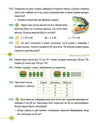 438. Оператор за одну годину набирає 6 сторінок тексту. Скільки сторінок
тексту він набере за 4 год, якщо працюватиме з такою самою продук-
тивністю?
• Склади й розв’яжи дві обернені задачі.
Тарас їхав у 8-му вагоні потяга. Перед його
вагоном було на 2 вагони менше, ніж після його
вагона. Скільки вагонів було в потязі?
440. X + 27 = 63 52-х = 39 Х-17 = 43
441. На дачі посадили 3 ряди полуниць, по 8 кущів у кожному, і
4 ряди суниць. Усього посадили 52 кущі ягід. По скільки кущів суниць
садили в одному ряду?
Читання чисел у межах 199
442. Назвй парні числа від 111 до 121. Назви непарні числа від 150 до 170.
Назвй усі числа від 193 до 178.
443. Назви «сусідів» чисел, зображених на малюнку.
445. © Коли Кролик
444. Прочитай числа,
записані в таблиці.
Сотні Десятки Одиниці
1 0 7
1 5 3
1 6 0
7 8
із Ведмедиком сіли пити чай, годинник Кролика по­
казував 2 год 50 хв. Насправді його годинник на ЗО хв запізнювався.
Котра година була насправді?
• Котру годину в цей момент показував годинник Ведмедика, якщо
він поспішав на 20 хв?
ttttt
 