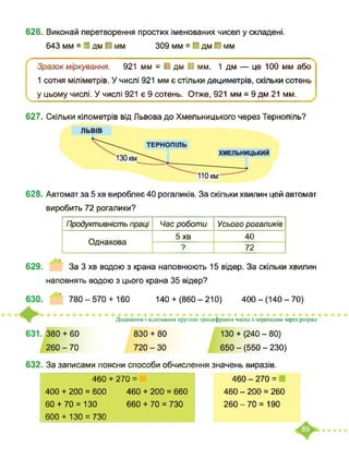626. Виконай перетворення простих іменованих чисел у складені.
643мм=ІдмНмм 309мм = ИдмИмм
Зразок міркування. 921 мм = ■ дм ■ мм. 1 дм — це 100 мм або
1 сотня міліметрів. У числі 921 мм є стільки дециметрів, скільки сотень
у цьому числі. У числі 921 є 9 сотень. Отже, 921 мм = 9 дм 21 мм.
627. Скільки кілометрів від Львова до Хмельницького через Тернопіль?
628. Автомат за 5 хв виробляє 40 рогаликів. За скільки хвилин цей автомат
виробить 72 рогалики?
Продуктивність праці Час роботи Усього рогаликів
Однакова
5 хв 40
? 72
629. За 3 хв водою з крана наповнюють 15 відер. За скільки хвилин
наповнять водою з цього крана 35 відер?
140 + (860 - 210) 400 - (140 - 70)
Додавання і віднімання круглих трицифрових чисел з переходом через розряд
631. 380 + 60
260 - 70
830 + 80
720 - ЗО
130 + (240 - 80)
650 - (550 - 230)
632. За записами поясни способи обчислення значень виразів.
460 + 270 =
400 + 200 = 600 460 + 200 = 660
60 + 70 = 130 660 + 70 = 730
600 + 130 = 730
460 - 270 =
460 - 200 = 260
260-70 = 190
 