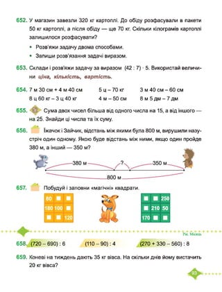 652. У магазин завезли 320 кг картоплі. До обіду розфасували в пакети
50 кг картоплі, а після обіду — ще 70 кг. Скільки кілограмів картоплі
залишилося розфасувати?
• Розв’яжи задачу двома способами.
• Запиши розв’язання задачі виразом.
653. Склади і розв’яжи задачу за виразом (42 : 7) ■ 5. Використай величи­
ни ціна, кількість, вартість.
654. 7 м ЗО см + 4 м 40 см 5 ц - 70 кг 3 м 40 см - 60 см
8 ц 60 кг - 3 ц 40 кг 4 м - 50 см 8 м 5 дм - 7 дм
655. Сума двох чисел більша від одного числа на 15, а від іншого —
на 25. Знайди ці числа та їх суму.
656. їжачок і Зайчик, відстань між якими була 800 м, вирушили назу-
стріч один одному. Якою буде відстань між ними, якщо один пройде
657. Побудуй і заповни «магічні» квадрати.
■ ■ 250
■ 210 50
170 ■ ■
..................
658. (720-690): 6 (110-90): 4 (270 + 330 - 560): 8
659. Коневі на тиждень дають 35 кг вівса. На скільки днів йому вистачить
20 кг вівса?
 