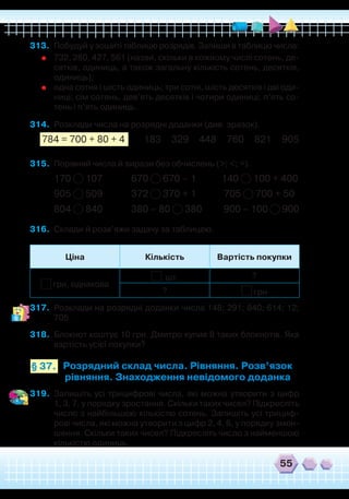55
Розрядний склад числа. Рівняння. Розв’язок
рівняння. Знаходження невідомого доданка
§ 37.
313.	 Побудуй у зошиті таблицю розрядів. Запиши в таблицю числа:	
732, 280, 427, 561 (назви, скільки в кожному числі сотень, де-
сятків, одиниць, а також загальну кількість сотень, десятків,
одиниць);
	
одна сотня і шість одиниць; три сотні, шість десятків і дві оди-
ниці; сім сотень, дев’ять десятків і чотири одиниці; п’ять со-
тень і п’ять одиниць.
314.	 Розклади числа на розрядні доданки (див. зразок).
784 = 700 + 80 + 4	 183 329 448 760 821 905
315.	 Порівняй числа й вирази без обчислень (>; <; =).
170 107
		
670 670 – 1 140 100 + 400
905 509
		
372 370 + 1 705 700 + 50
804 840
		
380 – 80 380
	
900 – 100 900
316.	 Склади й розв’яжи задачу за таблицею.
`
Ціна Кількість Вартість покупки
грн, однакова
шт. ?
? грн
317.	 Розклади на розрядні доданки числа 148; 291; 840; 614; 12;
705.
318.	 Блокнот коштує 10 грн. Дмитро купив 8 таких блокнотів. Яка
вартість усієї покупки?
319.	 Запишіть усі трицифрові числа, які можна утворити з цифр
1, 3, 7, у порядку зростання. Скільки таких чисел? Підкресліть
число з найбільшою кількістю сотень. Запишіть усі трициф-
рові числа, які можна утворити з цифр 2, 4, 6, у порядку змен-
шення. Скільки таких чисел? Підкресліть число з найменшою
кількістю одиниць.
 