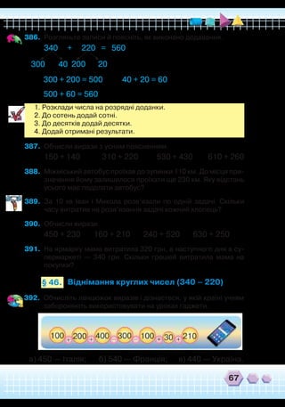 67
Віднімання круглих чисел (340 – 220)§ 46.
386.	 Розгляньте записи й поясніть, як виконано додавання.
340 + 220 = 560
300 + 200 = 500 40 + 20 = 60
500 + 60 = 560
300 20040 20
1. Розклади числа на розрядні доданки.
2. До сотень додай сотні.
3. До десятків додай десятки.
4. Додай отримані результати.
387.	 Обчисли вирази з усним поясненням.
150 + 140 310 + 220 530 + 430 610 + 260
388.	 Міжміський автобус проїхав до зупинки 110 км. До місця при-
значення йому залишилося проїхати ще 230 км. Яку відстань
усього має подолати автобус?
389.	 За 10 хв Іван і Микола розв’язали по одній задачі. Скільки
часу витратив на розв’язання задачі кожний хлопець?
390.	 Обчисли вирази.
450 + 230 160 + 210 240 + 520 630 + 250
391.	 На ярмарку мама витратила 320 грн, а наступного дня в су-
пермаркеті — 340 грн. Скільки грошей витратила мама на
покупки?
392.	 Обчисліть ланцюжок виразів і дізнаєтеся, у якій країні учням
забороняють використовувати на уроках гаджети.
а) 450 — Італія; б) 540 — Франція; в) 440 — Україна.
 