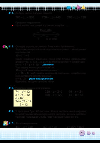 71
411.	 Добери числа. Запиши рівності.
560 – = 230 750 – = 440 370 – = 120
	
Продовж твердження.
	
Щоб знайти невідомий від’ємник, потрібно … .
15 кг ябл.
? 6 кг ябл.
412.	 Складіть задачу за схемою. Розв’яжіть її рівнянням.
	
Задачу можна розв’язати за допомогою рівності з невідомим
від’ємником.
	
15 – = 6
	
Якщо невідомий від’ємник позначити буквою латинського
алфавіту (a, b, c, d … x, y, z), то можна записати буквену рів-
ність: 15 – у = 6. Це — рівняння.
	
Тоді задачу можна розв’язати так:
	
15 – у = 6 (нам невідомий від’ємник).
	
у = 15 – 6 (щоб знайти невідомий від’ємник, потрібно від
зменшуваного відняти різницю).
	
у = 9. Це — розв’язок рівняння.
	
Відповідь: використали 9 кг яблук.
413.	 Розв’яжи рівняння за зразком.
74 – d = 12			 350 – y = 240 69 – х = 24
d = 74 – 12			 560 – а = 120 85 – b = 52
d = 62
74 – 62 = 12
12 = 12
414.	 У Ярослава було 42 листівки. Кілька листівок він подарував
Ользі й у нього залишилося ще 30 листівок. Скільки листівок
Ярослав подарував Ользі? Розв’яжи задачу рівнянням.
415.	 Розв’яжи рівняння.
440 – х = 210 42 – х = 23 х + 320 = 870
 