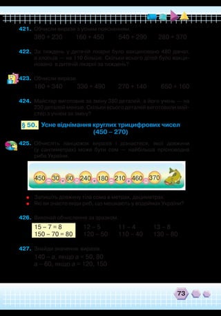 73
421.	 Обчисли вирази з усним поясненням.
380 + 230 160 + 450 540 + 290 280 + 370
422.	 За тиждень у дитячій лікарні було вакциновано 480 дівчат,
а хлопців — на 110 більше. Скільки всього дітей було вакци-
новано в дитячій лікарні за тиждень?
423.	 Обчисли вирази.
180 + 340 330 + 490 270 + 140 650 + 160
424.	 Майстер виготовив за зміну 380 деталей, а його учень — на
230 деталей менше. Скільки всього деталей виготовили май-
стер з учнем за зміну?
Усне віднімання круглих трицифрових чисел
(450 – 270)
§ 50.
425.	 Обчисліть ланцюжок виразів і дізнаєтеся, якої довжини
(у сантиметрах) може бути сом — найбільша прісноводна
риба України.
	
Запишіть довжину тіла сома в метрах, дециметрах.
	
Які ви знаєте види риб, що мешкають у водоймах України?
426.	 Виконай обчислення за зразком.
15 – 7 = 8
		
12 – 5
	
11 – 4	 13 – 8
150 – 70 = 80
	
120 – 50
	
110 – 40	 130 – 80
427.	 Знайди значення виразів.
140 – а, якщо а = 50, 80
а – 60, якщо а = 120, 150
 
