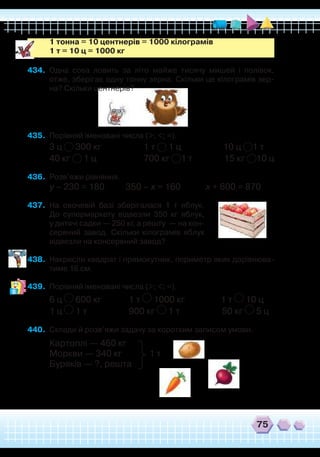 75
	
1 тонна = 10 центнерів = 1000 кілограмів
	
1 т = 10 ц = 1000 кг
434.	 Одна сова ловить за літо майже тисячу мишей і полівок,
отже, зберігає одну тонну зерна. Скільки це кілограмів зер-
на? Скільки центнерів?
435.	 Порівняй іменовані числа (>; <; =).
3 ц 300 кг		 1 т 1 ц 10 ц 1 т
40 кг 1 ц			 700 кг 1 т 15 кг 10 ц
436.	 Розв’яжи рівняння.
у – 230 = 180 350 – х = 160 х + 600 = 870
437.	 На овочевій базі зберігалася 1 т яблук.
До супермаркету відвезли 350 кг яблук,
у дитячі садки — 250 кг, а решту — на кон-
сервний завод. Скільки кілограмів яблук
відвезли на консервний завод?
438.	 Накресли квадрат і прямокутник, периметр яких дорівнюва-
тиме 16 см.
439.	 Порівняй іменовані числа (>; <; =).
6 ц 600 кг
	
1 т 1000 кг 1 т 10 ц
1 ц 1 т
		
900 кг 1 т 50 кг 5 ц
440.	 Склади й розв’яжи задачу за коротким записом умови.
Картоплі — 460 кг
Моркви — 340 кг 1 т
Буряків — ?, решта
 