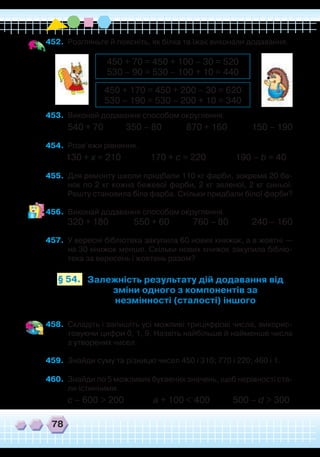 78
452.	 Розгляньте й поясніть, як білка та їжак виконали додавання.
450 + 70 = 450 + 100 – 30 = 520
530 – 90 = 530 – 100 + 10 = 440
450 + 170 = 450 + 200 – 30 = 620
530 – 190 = 530 – 200 + 10 = 340
453.	 Виконай додавання способом округлення.
540 + 70 350 – 80 870 + 160 150 – 190
454.	 Розв’яжи рівняння.
130 + х = 210 170 + с = 220 190 – b = 40
455.	 Для ремонту школи придбали 110 кг фарби, зокрема 20 ба-
нок по 2 кг кожна бежевої фарби, 2 кг зеленої, 2 кг синьої.
Решту становила біла фарба. Скільки придбали білої фарби?
456.	 Виконай додавання способом округлення.
320 + 180 550 + 60 760 – 80 240 – 160
457.	 У вересні бібліотека закупила 60 нових книжок, а в жовтні —
на 30 книжок менше. Скільки нових книжок закупила бібліо-
тека за вересень і жовтень разом?
Залежність результату дій додавання від
зміни одного з компонентів за
незмінності (сталості) іншого
§ 54.
458.	 Складіть і запишіть усі можливі трицифрові числа, викорис-
товуючи цифри 0, 1, 9. Назвіть найбільше й найменше числа
з утворених чисел.
459.	 Знайди суму та різницю чисел 450 і 310; 770 і 220; 460 і 1.
460.	 Знайди по 5 можливих буквених значень, щоб нерівності ста-
ли істинними.
c – 600 > 200 a + 100 < 400 500 – d > 300
 