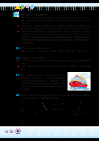 8
19.	 Математичний диктант
	 Запишіть числа: одинадцять, сорок вісім, двадцять сім, шіст-
десят три, вісімдесят п’ять, дев’яносто один, п’ятдесят чоти-
ри, сто.
	
Запишіть: число, наступне до числа 49; число, попереднє до
числа 22; число, більше на 1 від 50; число, менше на 1 за 80.
	
Запишіть: найбільше одноцифрове число; найбільше дво-
цифрове число; число, у якому три десятки й вісім одиниць;
число, у якому найменша кількість одиниць і десятків; най-
менше кругле двоцифрове число; найбільше кругле двоциф-
рове число.
20.	 Обчисли значення виразів.
50 + 9 + 11 79 – (33 + 46) 80 – (11 – 9) 60 + 1 – 0
21.	 Продовж твердження.
	
Щоб збільшити число на кілька одиниць, потрібно виконати
дію … .
	
Щоб зменшити число на кілька одиниць, потрібно виконати
дію … .
22.	 На першій палубі корабля було 37 па-
сажирів, на другій — на 7 пасажирів
більше, ніж на першій, а на третій — на
5 пасажирів менше, ніж на другій па-
лубі. Скільки пасажирів було на третій
палубі?
23.	 Назви кожну геометричну фігуру. Об’єднай їх у групи за пев-
ними ознаками. Назви ці ознаки.
1. … ;
2. … ;
3. … .
`
`
12 3
4 5
 