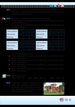 81
471.	 Пасовисько має форму прямокутника, довжина якого стано-
вить 5 км. Чому дорівнює ширина пасовиська, якщо його пе-
риметр дорівнює 14 км?
472.	 Дослідіть, як зміниться різниця чисел, якщо:
	
а) зменшуване залишиться незмінним, а від’ємник збільши-
ти або зменшити;
	
б) від’ємник залишиться незмінним, а зменшуване збільши-
ти або зменшити.
Зменшуване 470 470 470
Від’ємник 40 50 60
Різниця
Зменшуване 230 240 280
Від’ємник 140 140 140
Різниця
Зменшуване 520 520 520
Від’ємник 220 210 200
Різниця
Зменшуване 580 560 540
Від’ємник 230 230 230
Різниця
	
Продовжте твердження.
	
Якщо зменшуване залишити незмінним, а від’ємник збіль-
шити, то різниця … .
	
Якщо зменшуване залишити незмінним, а від’ємник змен-
шити, то різниця … .
	
Якщо від’ємник залишити незмінним, а зменшуване збіль-
шити, то різниця … .
	
Якщо від’ємник залишити незмінним, а зменшуване змен-
шити, то різниця … .
473.	 Обчисли вирази.
700 – 40 + 8 954 – 900 – 50 – 4 340 – 150 + 24
474.	 Периметр ігрового майданчика,
який має форму прямокутника,
становить 36 м. Довжина майдан-
чика дорівнює 9 м. Знайди шири-
ну ігрового майданчика.
 
