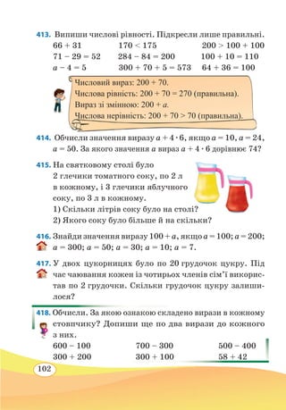 102
413.  Випиши числові рівності. Підкресли лише правильні.
66 + 31 170  175 200  100 + 100
71 – 29 = 52 284 – 84 = 200 100 + 10 = 110
a – 4 = 5 300 + 70 + 5 = 573 64 + 36 = 100
414.  Обчисли значення виразу a + 4 ∙ 6, якщо a = 10, a = 24,
a = 50. За якого значення a вираз a + 4 ∙ 6 дорівнює 74?
415. На святковому столі було
2 глечики томатного соку, по 2 л
в кожному, і 3 глечики яблучного
соку, по 3 л в кожному.
1) Скільки літрів соку було на столі?
2) Якого соку було більше й на скільки?
416. Знайди значення виразу 100 + a, якщо a = 100; a = 200;
a = 300; a = 50; a = 30; a = 10; a = 7.
417. У двох цукорницях було по 20 грудочок цукру. Під
час чаювання кожен із чотирьох членів сім’ї викорис-
тав по 2 грудочки. Скільки грудочок цукру залиши-
лося?
418. Обчисли. За якою ознакою складено вирази в кожному
стовпчику? Допиши ще по два вирази до кожного
з них.
600 – 100	 700 – 300	 500 – 400
300 + 200	 300 + 100	 58 + 42
Числовий вираз: 200 + 70.
Числова рівність: 200 + 70 = 270 (правильна).
Вираз зі змінною: 200 + а.
Числова нерівність: 200 + 70  70 (правильна).
 
