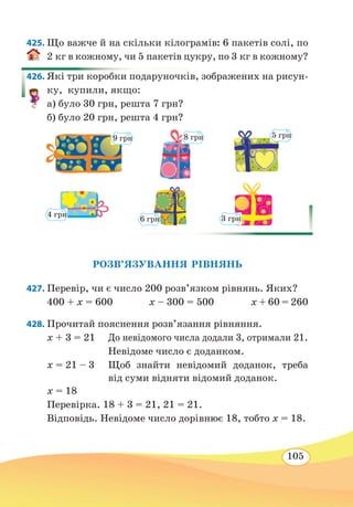 105
425. Що важче й на скільки кілограмів: 6 пакетів солі, по
2 кг в кожному, чи 5 пакетів цукру, по 3 кг в кожному?
426. Які три коробки подаруночків, зображених на рисун-
ку, купили, якщо:
а) було 30 грн, решта 7 грн?
б) було 20 грн, решта 4 грн?
РОЗВ’ЯЗУВАННЯ РІВНЯНЬ
427. Перевір, чи є число 200 розв’язком рівнянь. Яких?
400 + x = 600	 x – 300 = 500	 x + 60 = 260
428. Прочитай пояснення розв’язання рівняння.
	
x + 3 = 21	 До невідомого числа додали 3, отримали 21.
	
	
Невідоме число є доданком.
	
x = 21 – 3	 Щоб знайти невідомий доданок, треба
від суми відняти відомий доданок.
x = 18
Перевірка. 18 + 3 = 21, 21 = 21.
Відповідь. Невідоме число дорівнює 18, тобто x = 18.
4 грн
6 грн 3 грн
9 грн 8 грн 5 грн
 