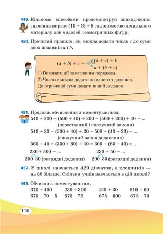 110
449. Кількома способами продемонструй знаходження
значення виразу (10 + 3) + 8 за допомогою лічильного
матеріалу або моделей геометричних фігур.
450. Прочитай правило, як можна додати число с до суми
двох доданків a i b.
451. Продовж обчислення з коментуванням.
540 + 200 = (500 + 40) + 200 = (500 + 200) + 40 = …
	
(переставний і сполучний закони)
540 + 20 = (500 + 40) + 20 = 500 + (40 + 20) = …
	
(сполучний закон додавання)
360 + 40 = (300 + 60) + 40 = 300 + (60 + 40) = …
452. У школі навчається 420 дівчаток, а хлопчиків —
на 80 більше. Скільки учнів навчається в цій школі?
453. Обчисли з коментуванням.
370 + 400 230 + 300 420 + 30 810 + 60
675 – 70 – 5 675 – 75 675 – 600 675 – 70
(a + b) + c = або
a + (b + c)
(a + c) + b
1) Виконати дії за вказаним порядком.
2) Число с можна додати до одного з доданків.
До отриманої суми додати інший доданок.
 
230 + 500 = …
200  30 (розрядні доданки)
 
230 + 50 = …
200  30 (розрядні доданки)
 