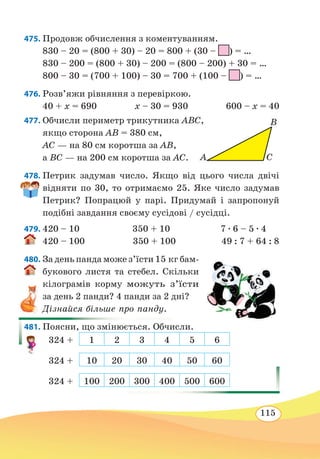 115
475. Продовж обчислення з коментуванням.
830 – 20 = (800 + 30) – 20 = 800 + (30 – ) = …
830 – 200 = (800 + 30) – 200 = (800 – 200) + 30 = …
800 – 30 = (700 + 100) – 30 = 700 + (100 – ) = …
476. Розв’яжи рівняння з перевіркою.
40 + x = 690 x – 30 = 930 600 – x = 40
477. Обчисли периметр трикутника ABC,
якщо сторона AB = 380 см,
АC — на 80 см коротша за AB,
а BС — на 200 см коротша за AC.
478. Петрик задумав число. Якщо від цього числа двічі
відняти по 30, то отримаємо 25. Яке число задумав
Петрик? Попрацюй у парі. Придумай і запропонуй
подібні завдання своєму сусідові / сусідці.
479. 420 – 10 350 + 10 7 ∙ 6 – 5 ∙ 4
420 – 100 350 + 100 49 : 7 + 64 : 8
480. За день панда може з’їсти 15 кг бам-
букового листя та стебел. Скільки
кілограмів корму можуть з’їсти
за день 2 панди? 4 панди за 2 дні?
Дізнайся більше про панду.
481. Поясни, що змінюється. Обчисли.
324 + 1 2 3 4 5 6
324 + 10 20 30 40 50 60
324 + 100 200 300 400 500 600
B
А С
 