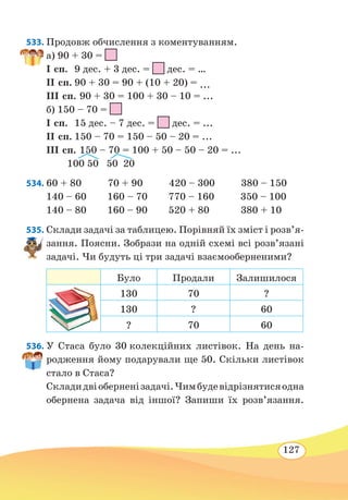 127
533. Продовж обчислення з коментуванням.
а) 90 + 30 =
	
І сп.	 9 дес. + 3 дес. =
 
дес. = …
ІІ сп.	90 + 30 = 90 + (10 + 20) = ...
ІІІ сп. 90 + 30 = 100 + 30 – 10 = ...
б) 150 – 70 =
	І сп.	 15 дес. – 7 дес. =
 
дес. = ...
ІІ сп.	150 – 70 = 150 – 50 – 20 = ...
ІІІ сп. 150 – 70 = 100 + 50 – 50 – 20 = ...
100 50 50 20
534.	60 + 80 70 + 90 420 – 300 380 – 150
140 – 60 160 – 70 770 – 160 350 – 100
140 – 80 160 – 90 520 + 80 380 + 10
535. Склади задачі за таблицею. Порівняй їх зміст і розв’я­
зання. Поясни. Зобрази на одній схемі всі розв’язані
задачі. Чи будуть ці три задачі взаємооберненими?
Було Продали Залишилося
130 70 ?
130 ? 60
? 70 60
536. У Стаса було 30 колекційних листівок. На день на-
родження йому подарували ще 50. Скільки листівок
стало в Стаса?
Складидвіоберненізадачі.Чимбудевідрізнятисяодна
обернена задача від іншої? Запиши їх розв’язання.
 