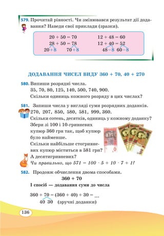 136
579. Прочитай рівності. Чи змінювався результат дії дода-
вання? Наведи свої приклади (зразки).
ДОДАВАННЯ ЧИСЕЛ ВИДУ 360 + 70, 40 + 270
580. Випиши розрядні числа.
35, 70, 80, 125, 140, 500, 740, 900.
Скільки одиниць кожного розряду в цих числах?
581. 	 Запиши числа у вигляді суми розрядних доданків.
270, 207, 850, 580, 581, 999, 360.
Скільки сотень, десятків, одиниць у кожному доданку?
Збери зі 100 і 10-гривневих
купюр 360 грн так, щоб купюр
було найменше.
Скільки найбільше стогривне-
вих купюр міститься в 581 грн?
А десятигривневих?
Чи правильно, що 571 = 100 · 5 + 10 · 7 + 1?
582. 	 Продовж обчислення двома способами.
	
360 + 70
І спосіб — додавання суми до числа
20 + 50 = 70	 12 + 48 = 60
28 + 50 = 78	 12 + 40 = 52
 
20 + 8   70 + 8	 48 – 8 60 – 8
360 + 70 = (360 + 40) + 30 = ...
  
40 30 (зручні доданки)
 