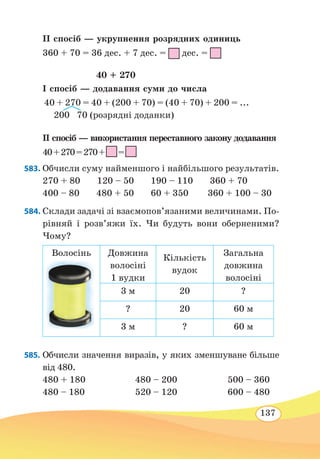 137
ІІ спосіб — укрупнення розрядних одиниць
360 + 70 = 36 дес. + 7 дес. = дес. =
	
	 40 + 270
І спосіб — додавання суми до числа
ІІ спосіб — використання переставного закону додавання
40+270=270+ =
583. 	Обчисли суму найменшого і найбільшого результатів.
270 + 80 120 – 50 190 – 110 360 + 70
400 – 80 480 + 50 60 + 350 360 + 100 – 30
584. Склади задачі зі взаємопов’язаними величинами. По-
рівняй і розв’яжи їх. Чи будуть вони оберненими?
Чому?
Волосінь Довжина
волосіні
1 вудки
Кількість
вудок
Загальна
довжина
волосіні
3 м 20 ?
? 20 60 м
3 м ? 60 м
585. 	Обчисли значення виразів, у яких зменшуване більше
від 480.
480 + 180	 480 – 200	 500 – 360
480 – 180	 520 – 120	 600 – 480
40 + 270 = 40 + (200 + 70) = (40 + 70) + 200 = ...
200 70 (розрядні доданки)
 