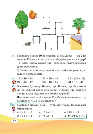 18
	
71. 	 Господар купив 10 кг огірків, а помідорів — на 2 кг
менше. Скільки кілограмів помідорів купив господар?
1) Зміни умову задачі так, щоб вона розв’язувалася
дією додавання.
2) Зміни запитання до задачі так, щоб вона розв’язу-
валася двома діями.
72. 	 12 + 36 – 24 73 – 29 + 40 92 – (54 + 21)
27 + 35 – 17 86 – 18 + 25 23 + 13 + 47
73. 	 У новому будинку 96 квартир. 49 квартир підключи-
ли до мережі водопостачання. Скільки ще квартир
залишилося підключити до цієї мережі?
Зміни числові дані в умові. Розв’яжи нову задачу. Що
змінилося? Що не змінилося?
74.	 Порівняй вирази, де а — будь-яке число. Поясни свої
міркування.
а + 4 і а + 3 а – 0 і а + 1 а + 0 і а – 0
а + 3 і а – 3 а – 0 і а – 1 а ∙ 0 і 0 : а, а ≠ 0
 