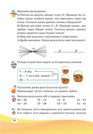 20
80. 	 Виконай дослідження.
а) Постав на аркуші паперу точку О. Проведи під лі-
нійку (дуже охайно) пряму, яка проходить через цю
точку. Скільки таких прямих можна побудувати?
б) Постав дві різні точки А і В. Проведи пряму, яка
пройде через обидві точки. Скільки різних прямих
можна провести через 2 різні точки?
в) Звір свої рисунки з рисунками в підручнику.
г) Зроби висновки. Оціни результати своєї діяльності.
81. 	 Склади й розв’яжи задачу за її коротким записом.
Скількома діями розв’язується задача?
Пронумеруй (усно) кошики за умовою задачі.
82. 	 Запиши результати дій у порядку зростання.
50 + 33	 72 – 12	 74 – 8	 41 + 41
44 + 18	 72 – 20	 13 + 13	 41 – 41
83. 	 За тиждень сім’я використала для приготування їжі
3 кг цибулі, 2 кг моркви, а картоплі стільки, скільки
А B
O
I — 8 ябл.
II — ?, на 3 ябл. менше
III — ?,
 
