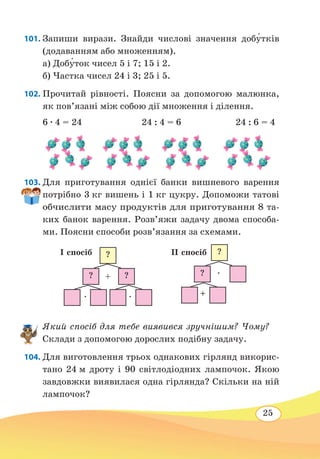 25
101. Запиши вирази. Знайди числові значення добу�тків
(додаванням або множенням).
а) Добу�ток чисел 5 і 7; 15 і 2.
б) Частка чисел 24 і 3; 25 і 5.
102. Прочитай рівності. Поясни за допомогою малюнка,
як пов’язані між собою дії множення і ділення.
6 ∙ 4 = 24 	 24 : 4 = 6
	
24 : 6 = 4
103. Для приготування однієї банки вишневого варення
потрібно 3 кг вишень і 1 кг цукру. Допоможи татові
обчислити масу продуктів для приготування 8 та-
ких банок варення. Розв’яжи задачу двома способа-
ми. Поясни способи розв’язання за схемами.
Який спосіб для тебе виявився зручнішим? Чому?
Склади з допомогою дорослих подібну задачу.
104. Для виготовлення трьох однакових гірлянд викорис-
тано 24 м дроту і 90 світлодіодних лампочок. Якою
завдовжки виявилася одна гірлянда? Скільки на ній
лампочок?
?
· ·
? ?+
?
+
? ·
I спосіб IІ спосіб
 