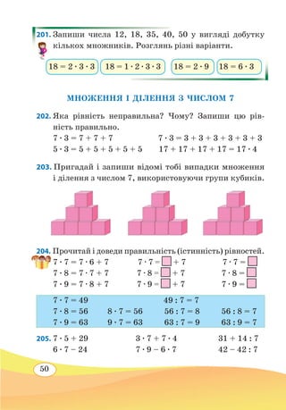 50
201. Запиши числа 12, 18, 35, 40, 50 у вигляді добутку
кількох множників. Розглянь різні варіанти.
МНОЖЕННЯ І ДІЛЕННЯ З ЧИСЛОМ 7
202. Яка рівність неправильна? Чому? Запиши цю рів-
ність правильно.
7 ∙ 3 = 7 + 7 + 7
	
7 ∙ 3 = 3 + 3 + 3 + 3 + 3 + 3
5 ∙ 3 = 5 + 5 + 5 + 5 + 5	 17 + 17 + 17 + 17 = 17 ∙ 4
203. Пригадай і запиши відомі тобі випадки множення
і ділення з числом 7, використовуючи групи кубиків.
204. Прочитай і доведи правильність (істинність) рівностей.
7 ∙ 7 = 7 ∙ 6 + 7	 7 ∙ 7 = + 7 7 ∙ 7 =
7 ∙ 8 = 7 ∙ 7 + 7 7 ∙ 8 = + 7 7 ∙ 8 =
7 ∙ 9 = 7 ∙ 8 + 7 7 ∙ 9 = + 7 7 ∙ 9 =
7 ∙ 7 = 49	 49 : 7 = 7
7 ∙ 8 = 56 8 ∙ 7 = 56 56 : 7 = 8 56 : 8 = 7
7 ∙ 9 = 63 9 ∙ 7 = 63 63 : 7 = 9 63 : 9 = 7
205.	7 ∙ 5 + 29	 3 ∙ 7 + 7 ∙ 4	 31 + 14 : 7
6 ∙ 7 – 24	 7 ∙ 9 – 6 ∙ 7	 42 – 42 : 7
18 = 2 ∙ 3 ∙ 3 18 = 2 ∙ 918 = 1 ∙ 2 ∙ 3 ∙ 3 18 = 6 ∙ 3
 