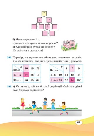 61
б) Маса поросяти 1 ц.
Яка маса чотирьох таких поросят?
в) Хто важчий: гуска чи порося?
На скільки кілограмів?
242. Перевір, чи правильно обчислено значення виразів.
Укажи помилки. Запиши правильні (істинні) рівності.
10 19 28 4 7 9
47 – а 37 28 19 b ∙ 6 – 10 14 42 44
36 + а 26 55 64 8 ∙ b + 18 52 74 100
243. а) Скільки дітей на біговій доріжці? Скільки дітей
поза біговою доріжкою?
?
? ?
?∙ ∙
+
+
b
Вираз
а
Вираз
 