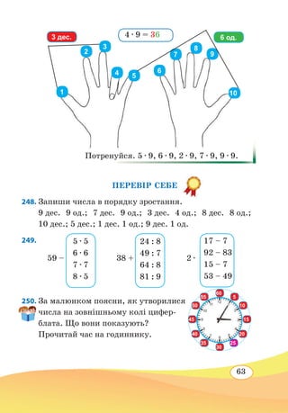 63
4 ∙ 9 = 36
									
									
									
									
									
			 Потренуйся. 5 ∙ 9, 6 ∙ 9, 2 ∙ 9, 7 ∙ 9, 9 ∙ 9.
ПЕРЕВІР СЕБЕ
248. Запиши числа в порядку зростання.
9 дес. 9 од.; 7 дес. 9 од.; 3 дес. 4 од.; 8 дес. 8 од.;
10 дес.; 5 дес.; 1 дес. 1 од.; 9 дес. 1 од.
249. 
250. За малюнком поясни, як утворилися
числа на зовнішньому колі цифер-
блата. Що вони показують?
Прочитай час на годиннику.
6 од.3 дес.
5 ∙ 5
6 ∙ 6
7 ∙ 7
8 ∙ 5
59 –
24 : 8
49 : 7
64 : 8
81 : 9
38 +
17 – 7
92 – 83
15 – 7
53 – 49
2 ∙
60
45
55
35 25
20
50 10
40
5
15
30
6
7
8
9
5
1
2
3
10
4
 