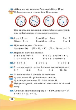 64
251. а) Запиши, котра година буде через 30 хв; 15 хв.
б) Запиши, котра година була 15 хв тому.
Для виконання завдання скористайся демонстрацій-
ним циферблатом з рухомими стрілками.
252. 2 год + 7 год 3 год 50 хв – 2 год 8 кг ∙ 2
13 год – 5 год 3 год 50 хв – 40 хв 9 кг ∙ 4
253. Прочитай вирази. Обчисли.
13 + (40 – 20)	 (28 + 13) – 40	 (23 – 15) + (41 – 12)
254. Порівняй значення виразів
9 ∙ 8 + 4 та 8 ∙ 9 – 4		 6 ∙ 5 + 2 ∙ 6 та 5 ∙ 6 + 6 ∙ 2
7 ∙ 7 – 7 та 8 ∙ 8 – 8		 9 ∙ 9 + 1 ∙ 9 та 9 ∙ 9 – 1
255.	7 ∙ 5 + 5 ∙ 8	 6 ∙ 9 + 8 ∙ 5	 4 ∙ 8 + 8 ∙ 4
256. З поданих виразів склади й запиши числові нерівності.
5 ∙ 6		 8 ∙ 3		 7 ∙ 4		 9 ∙ 5		 10 ∙ 10
257. Запиши вирази й обчисли їх значення:
а) сума числа 28 і різниці чисел 50 і 30;
б) різниця суми чисел 79 і 15 та числа 48.
Працюйте разом, злагоджено, допомагайте одне од-
ному.
258. Обчисли значення виразу a – b : 9, якщо a = 74,
b = 63; a = 62, b = 72.
 