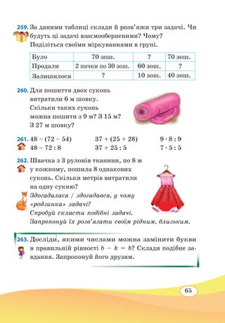 65
259. За даними таблиці склади й розв’яжи три задачі. Чи
будуть ці задачі взаємооберненими? Чому?
Поділіться своїми міркуваннями в групі.
Було 70 зош. ? 70 зош.
Продали 2 пачки по 30 зош. 60 зош. ?
Залишилося ? 10 зош. 40 зош.
260. Для пошиття двох суконь
витратили 6 м шовку.
Скільки таких суконь
можна пошити з 9 м? З 15 м?
З 27 м шовку?
261.	48 – (72 – 54)
	
37 + (25 + 28)	 9 ∙ 8 : 9
48 – 72 : 8	 37 + 25 : 5	 7 ∙ 5 : 5
262. Швачка з 3 рулонів тканини, по 8 м
у кожному, пошила 8 однакових
суконь. Скільки метрів витратили
на одну сукню?
Здогадалася / здогадався, у чому
«родзинка» задачі?
Спробуй скласти подібні задачі.
Запропонуй їх розв’язати своїм рідним, близьким.
263. Досліди́, якими числами можна замінити букви
в правильній рівності b – k = b? Склади подібне за-
вдання. Запропонуй його друзям.
 