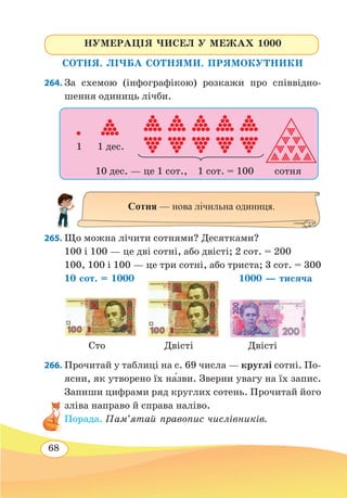 68
НУМЕРАЦІЯ ЧИСЕЛ У МЕЖАХ 1000
СОТНЯ. ЛІЧБА СОТНЯМИ. ПРЯМОКУТНИКИ
264. За схемою (інфографікою) розкажи про співвідно-
шення одиниць лічби.
265. Що можна лічити сотнями? Десятками?
100 і 100 — це дві сотні, або двісті; 2 сот. = 200
100, 100 і 100 — це три сотні, або триста; 3 сот. = 300
10 сот. = 1000		 1000 — тисяча
Сто	 Двісті Двісті
266. Прочитай у таблиці на с. 69 числа — круглі сотні. По-
ясни, як утворено їх н˜азви. Зверни увагу на їх запис.
Запиши цифрами ряд круглих сотень. Прочитай його
зліва направо й справа наліво.
Порада. Пам’ятай правопис числівників.
Сотня — нова лічильна одиниця.
1 дес.1
10 дес. — це 1 сот., 1 сот. = 100 сотня
 
