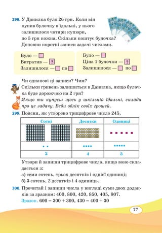 77
298. У Данилка було 26 грн. Коли він
купив булочку в їдальні, у нього
залишилося чотири купюри,
по 5 грн кожна. Скільки коштує булочка?
Доповни короткі записи задачі числами.
Чи однакові ці записи? Чим?
Скільки гривень залишиться в Данилка, якщо булоч-
ка буде дорожчою на 2 грн?
Якщо ти купуєш щось у шкільній їдальні, склади
про це задачу. Веди облік своїх грошей.
299. Поясни, як утворено трицифрове число 245.
Утвори й запиши трицифрове число, якщо воно скла-
дається з:
а) семи сотень, трьох десятків і однієї одиниці;
б) 3 сотень, 2 десятків і 4 одиниць.
300. Прочитай і запиши числа у вигляді суми двох додан-
ків за зразком: 400, 800, 420, 850, 405, 807.
Зразок. 600 = 300 + 300, 430 = 400 + 30
Було —
Витратив —
Залишилося — по
Було —
Ціна 1 булочки — ?
Залишилося — по
?
Сотні Десятки Одиниці
2 4 5
 