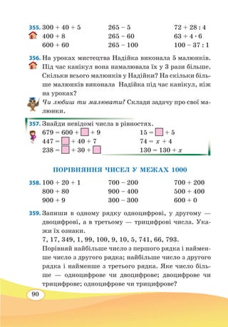 90
355.	300 + 40 + 5	 265 – 5	 72 + 28 : 4
400 + 8	 265 – 60	 63 + 4 ∙ 6
600 + 60	 265 – 100	 100 – 37 : 1
356. На уроках мистецтва Надійка виконала 5 малюнків.
Під час канікул вона намалювала їх у 3 рази більше.
Скільки всього малюнків у Надійки? На скільки біль-
ше малюнків виконала Надійка під час канікул, ніж
на уроках?
Чи любиш ти малювати? Склади задачу про свої ма-
люнки.
357. Знайди невідомі числа в рівностях.
679 = 600 + + 9	 15 = + 5
447 = + 40 + 7	 74 = х + 4
238 = + 30 +
	
130 = 130 + x
ПОРІВНЯННЯ ЧИСЕЛ У МЕЖАХ 1000
358.	100 + 20 + 1	 700 – 200	 700 + 200
800 + 80	 900 – 400	 500 + 400
900 + 9	 300 – 300	 600 + 0
359. Запиши в одному рядку одноцифрові, у другому —
двоцифрові, а в третьому — трицифрові числа. Ука-
жи їх ознаки.
7, 17, 349, 1, 99, 100, 9, 10, 5, 741, 66, 793.
Порівняй найбільше число з першого рядка і наймен-
ше число з другого рядка; найбільше число з другого
рядка і найменше з третього рядка. Яке число біль-
ше — одноцифрове чи двоцифрове; двоцифрове чи
трицифрове; одноцифрове чи трицифрове?
 