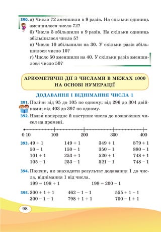 98
390. а) Число 72 зменшили в 9 разів. На скільки одиниць
зменшилося число 72?
б) Число 5 збільшили в 9 разів. На скільки одиниць
збільшилося число 5?
в) Число 10 збільшили на 30. У скільки разів збіль-
шилося число 10?
г) Число 50 зменшили на 40. У скільки разів зменши-
лося число 50?
АРИФМЕТИЧНІ ДІЇ З ЧИСЛАМИ В МЕЖАХ 1000
НА ОСНОВІ НУМЕРАЦІЇ
ДОДАВАННЯ І ВІДНІМАННЯ ЧИСЛА 1
391. Полічи від 95 до 105 по одному; від 296 до 304 двій-
ками; від 403 до 397 по одному.
392. Назв˜и попереднє й наступне числа до позначених чи-
сел на промені.
393.	49 + 1	 149 + 1	 349 + 1	 879 + 1
50 – 1	 150 – 1	 350 – 1	 880 – 1
101 + 1	 253 + 1	 520 + 1	 748 + 1
105 – 1	 253 – 1	 521 – 1	 748 – 1
394. Поясни, як знаходити результат додавання 1 до чис-
ла, віднімання 1 від числа.
199 = 198 + 1			 199 = 200 – 1
395. 300 + 1 + 1		 462 – 1 – 1	
	
555 + 1 – 1
300 – 1 – 1		 798 + 1 + 1
		
700 – 1 + 1
40010010 200 3000
 