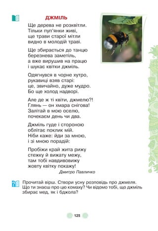 125
ДЖМІЛЬ
Ще дерева не розквітли .
Тільки пуп’янки живі,
ще трави старої мітли
видно в молодій траві .
Ще збирається до танцю
березнева заметіль,
а вже вирушив на працю
і шукає квітки джміль .
Одягнувся в чорне хутро,
рукавиці взяв старі:
це, звичайно, дуже мудро .
Бо ще холод надворі .
Àле де ж ті квіти, джмелю?!
Глянь — он хмара снігова!
Залітай в мою оселю,
почекаєм день чи два .
Джміль гуде і стороною
облітає поклик мій .
Ніби каже: йди за мною,
і зі мною порадій:
Пробіжи край жита рижу
стежку й вижату межу,
там тобі навдивовижу
жовту квітку покажу!
Дмитро Павличко
Прочитай вірш . Створи усну розповідь про джмеля .
Що ти знаєш про цю комаху? Чи відомо тобі, що джміль
збирає мед, як і бджола?
 