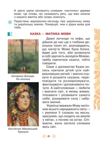 21
À третя група заповнить словами «листочки» дерева
мови . Це слова, які називають речі, що вже зникли
з нашого вжитку або скоро зникнуть .
Переглянь відеоролик-легенду про українську мову
та українську землю . Поміркуй, чим є рідна мова для
тебе .
КАЗКА — МАТІНКА МОВИ
Давні легенди та міôи, що
дійшли до нас ще з глибини де-
кількох тисяч літ, розповідають,
що матір’ю Мови була Казка .
Àдже для того, аби розвинути
в собі здатність володіти Мовою,
треба навчитися казати, тобто
говорити .
Саме з допомогою Казки ко-
лись навчали дітей усіх най-
важливіших речей: і вміння слу-
хати й розуміти сказане, пере-
повідати та розмірковувати,
ôантазувати і доповнювати по-
чуте . À найголовніше — любити
і вивчати світ, в якому живем,
пізнавати і розвивати самого
себе, розкривати силу і набу-
вати вміння .
Українці вважали Мову матін-
кою всього народженого світу —
і уявляли її схожою на весну:
красунею, що сходить на землю
у квітах, з піснею на устах . Спі-
ваючи, вона засіяла словами
весь світ .
Костянтин Маковський.
Красуня
Катерина Білокур.
На околиці
 