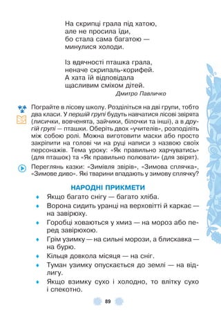 89
На скрипці грала під хатою,
але не просила їди,
бо стала сама багатою —
минулися холоди .
²з вдячності пташка грала,
неначе скрипаль-кориôей .
À хата їй відповідала
щасливим сміхом дітей .
Дмитро Павличко
Пограйте в лісову школу . Розділіться на дві групи, тобто
два класи . У першій групі будуть навчатися лісові звірята
(лисички, вовченята, зайчики, білочки та інші), а в дру-
гій групі — пташки . Оберіть двох «учителів», розподіліть
між собою ролі . Можна виготовити маски або просто
закріпити на голові чи на руці написи з назвою своїх
персонажів . Тема уроку: «Як правильно харчуватись»
(для пташок) та «Як правильно полювати» (для звірят) .
Переглянь казки: «Зимівля звірів», «Зимова сплячка»,
«Зимове диво» . Які тварини впадають у зимову сплячку?
НАРОДНІ ПРИКМЕТИ
♦ Якщо багато снігу — багато хліба .
♦ Ворона сидить уранці на верховітті й каркає —
на завірюху .
♦ Горобці ховаються у хмиз — на мороз або пе-
ред завірюхою .
♦ Грім узимку — на сильні морози, а блискавка —
на бурю .
♦ Кільця довкола місяця — на сніг .
♦ Туман узимку опускається до землі — на від-
лигу .
♦ Якщо взимку сухо і холодно, то влітку сухо
і спекотно .
 