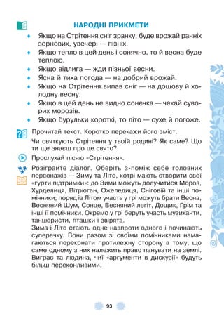 93
НАРОДНІ ПРИКМЕТИ
♦ Якщо на Стрітення сніг зранку, буде врожай ранніх
зернових, увечері — пізніх .
♦ Якщо тепло в цей день і сонячно, то й весна буде
теплою .
♦ Якщо відлига — жди пізньої весни .
♦ Ясна й тиха погода — на добрий врожай .
♦ Якщо на Стрітення випав сніг — на дощову й хо-
лодну весну .
♦ Якщо в цей день не видно сонечка — чекай суво-
рих морозів .
♦ Якщо бурульки короткі, то літо — сухе й погоже .
Прочитай текст . Коротко перекажи його зміст .
Чи святкують Стрітення у твоїй родині? Як саме? Що
ти ще знаєш про це свято?
Прослухай пісню «Стрітення» .
Розіграйте діалог . Оберіть з-поміж себе головних
персонажів — Зиму та Літо, котрі мають створити свої
«гурти підтримки»: до Зими можуть долучитися Мороз,
Хурделиця, Вітрюган, Ожеледиця, Сніговій та інші по-
мічники; поряд із Літом участь у грі можуть брати Весна,
Весняний Øум, Сонце, Весняний легіт, Дощик, Грім та
інші її помічники . Окремо у грі беруть участь музиканти,
танцюристи, пташки і звірята .
Зима і Літо стають одне навпроти одного і починають
суперечку . Вони разом зі своїми помічниками нама-
гаються переконати протилежну сторону в тому, що
саме одному з них належить право панувати на землі .
Виграє та людина, чиї «аргументи в дискусії» будуть
більш переконливими .
 