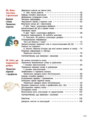III. Фан­
тастика
і фантазія
Будова
слова.
Правопис
коренів
IV. Світ, де
перемагає
добро
Правопис
коренів
і префіксів
Дивимося інакше на звичні речі.
С. Лем. Казки роботів------------------------------------------------------------------56
Навіщо потрібні закінчення ----------------------------------------------------------- 58
Добираємо споріднені слова -------------------------------------------------------- 59
Читаємо інфографіку------------------------------------------------------------------------60
Чергування звуків у коренях слів--------------------------------------------------62
Вивчаємо місце дії і персонажів.
Р. Дал. Чарлі і шоколадна фабрика-----------------------------------------------64
Ненаголошені [е], [и] в корені слова-----------------------------------------------66
Уявляємо героя.
Р. Дал. Чарлі і шоколадна фабрика-----------------------------------------------68
Вчимося переказувати. Як роблять шоколад.
С. Покотило. Як роблять шоколадні цукерки------------------------------70
Упорядковуємо інформацію.
Чого ми боїмося і чому?------------------------------------------------------------- 72
Запам’ятовуємо правопис слів із ненаголошеними [е], [и]--------74
Смішно чи страшно?
Б. Кантіні. Мортіна (Історія, від якої можна вмерти зі сміху) - 76
Подаємо інформацію в таблиці.
Українські монстри------------------------------------------------------------------------78
ПЕРЕВІРЯЄМО, ЩО ВМІЄМО І ЗНАЄМО------------------------------------80
Як можна розповісти казку----------------------------------------------------------- 82
Правильно вимовляємо слова із дзвінкими
і глухими приголосними------------------------------------------------------------- 84
Правильно пишемо слова із дзвінкими
і глухими приголосними------------------------------------------------------------- 86
Знайомимся з чарівною казкою.
Українська народна казка «Котигорошко»---------------------------------- 88
Навіщо потрібен префікс------------------------------------------------------------------90
Розрізняємо префікс і прийменник-----------------------------------------------92
Описуємо героїв чарівної казки.
Українська народна казка «Котигорошко»---------------------------------- 94
Пишемо правильно слова з префіксами роз-, без-----------------------96
Досліджуємо чарівну казку-------------------------------------------------------------- 98
Складаємо казку---------------------------------------------------------------------------- 100
Визначаємо роль ілюстрацій та підзаголовків-------------------------- 102
ПЕРЕВІРЯЄМО, ЩО ВМІЄМО І ЗНАЄМО----------------------------------- 104
Пам'ятки -----------------------------------------------------------------------------------------106
Джерела текстів та ілюстрацій --------------------------------------------------- 108
111
 