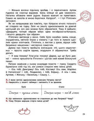 — Женька восени підніжку зробив, і я перечепився. Артем
ґудзика на сорочці відірвав. Івась олівця не дав червоного.
Наталка обізвала мене рудим. Борько взагалі не привітався.
Сашко не захотів зі мною боротися. Катруся?.. — І тут П’яточкін
запнувся.
Як не напружував він пам'ять, про Катрусю нічого поганого
не спадало на гадку. Зате на решту однокласників за довгий
шкільний рік хоч раз можна було образитися. Тому й вийшло:
«Двадцять чотири образи мінус одна не-образа-на-Катрусю,
і всього двадцять три образи».
П’яточкін виглянув у вікно. Небо було нахабно синім, сонце,
знущаючись, світило якраз у кімнату. І до того ж лунали щас­
ливі крики хлопчаків. П’яточкін, з листом у руках, відчув себе
безмежно нещасним і нестерпно самотнім.
Думка про помсту прийшла зненацька: «Ні, цього недостат­
ньо — просто сидіти вдома, згадувати й ображатися. Треба
діяти!»
— Я вам покажу! Усім-усім покажу! Дарма, що це було дав­
но! — гнівно прошепотів П’яточкін і дістав свій новий блискучий
пенал.
Петрик знайшов у ньому знаряддя помсти — гумку. Сердито
бурмочучи собі під ніс, він узявся стирати нею імена дітей.
— Ось тобі, Дмитрику! Ось тобі, Костику! Ось вам, Марійко
й Наталочко! І тобі, Людмилко, і тобі, Борьку... А ось і вам,
Артеме, і Женьку, і Васильку, і Сашку, і...
2. З якою метою однокласники написали Петрику листа?
3. Накресліть у зошиті таблицю і заповніть її за зразком.
Було Стало
— пускали літачки Дмитрик-хитрик — пом’яё літачок
4. Що змінилося: однокласники чи ставлення до них Петрика? Чому?
5. Чому Петрик вирішив стерти імена дітей?
29
 