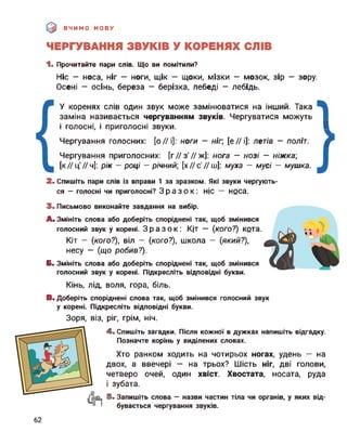 ВЧИМО МОВУ
ЧЕРГУВАННЯ ЗВУКІВ У КОРЕНЯХ СЛІВ
1. Прочитайте пари слів. Що ви помітили?
Ніс — носа, ніг — ноги, щік — щоки, мізки — мозок, зір — зору.
Осені — осінь, береза — берізка, лебеді — лебідь.
У коренях слів один звук може замінюватися на інший. Така
заміна називається чергуванням звуків. Чергуватися можуть
і голосні, і приголосні звуки. В
Чергування голосних: [о//і]: ноги — ніг; [е//і]: летів — політ. ф
Чергування приголосних: [г//з'//ж]: нога — нозі — ніжка;
[к//ц'//ч]: рік — році — річний; [х // с1 // ш]: муха — мусі — мушка.
2. Спишіть пари слів із вправи 1 за зразком. Які звуки чергують­
ся — голосні чи приголосні? Зразок: ніс — носа.
3. Письмово виконайте завдання на вибір.
А. Змініть слова або доберіть споріднені так, щоб змінився
голосний звук у корені. Зразок: Кіт — (кого?) кота.
Кіт — (кого?), віл — (кого?), школа — (який?),
несу — (що робив?).
Б. Змініть слова або доберіть споріднені так, щоб змінився
голосний звук у корені. Підкресліть відповідні букви.
Кінь, лід, воля, гора, біль.
В. Доберіть споріднені слова так, щоб змінився голосний звук
у корені. Підкресліть відповідні букви.
Зоря, віз, ріг, грім, ніч.
4. Спишіть загадки. Після кожної в дужках напишіть відгадку.
Позначте корінь у виділених словах.
Хто ранком ходить на чотирьох ногах, удень — на
двох, а ввечері — на трьох? Шість ніг, дві голови,
четверо очей, один хвіст. Хвостата, носата, руда
і зубата.
5. Запишіть слова — назви частин тіла чи органів, у яких від­
бувається чергування звуків.
62
 