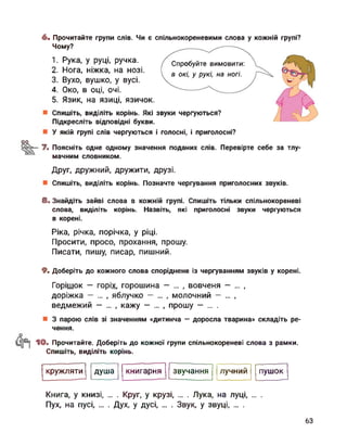 1.
2.
3.
4.
5.
Спробуйте вимовити:
в окі, у рукі, на ногі.
6. Прочитайте групи слів. Чи є спільнокореневими слова у кожній групі?
Чому?
Рука, у руці, ручка.
Нога, ніжка, на нозі.
Вухо, вушко, у вусі.
Око, в оці, очі.
Язик, на язиці, язичок.
Спишіть, виділіть корінь. Які звуки чергуються?
Підкресліть відповідні букви.
У якій групі слів чергуються і голосні, і приголосні?
оо
7. Поясніть одне одному значення поданих слів. Перевірте себе за тлу­
мачним словником.
Друг, дружний, дружити, друзі.
Спишіть, виділіть корінь. Позначте чергування приголосних звуків.
8. Знайдіть зайві слова в кожній групі. Спишіть тільки спільнокореневі
слова, виділіть корінь. Назвіть, які приголосні звуки чергуються
в корені.
Ріка, річка, порічка, у ріці.
Просити, просо, прохання, прошу.
Писати, пишу, писар, пишний.
9. Доберіть до кожного слова споріднене із чергуванням звуків у корені.
Горішок — горіх, горошина — ... , вовченя — ... ,
доріжка — ... , яблучко — ... , молочний — ... ,
ведмежий — ... , кажу — ... , прошу — ... .
З парою слів зі значенням «дитинча — доросла тварина» складіть ре-
чення.
10. Прочитайте. Доберіть до кожної групи спільнокореневі слова з рамки.
Спишіть, виділіть корінь.
кружляти душа книгарня звучання лучний пушок
Книга, у книзі, ... . Круг, у крузі, ... . Лука, на луці, ... .
Пух, на пусі, ... . Дух, у дусі, ... . Звук, у звуці, ... .
63
 