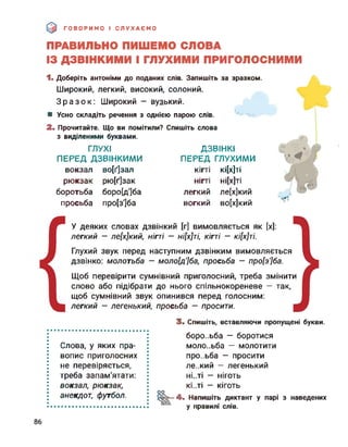 ГОВОРИМО І СЛУХАЄМО
ПРАВИЛЬНО ПИШЕМО СЛОВА
ІЗ ДЗВІНКИМИ І ГЛУХИМИ ПРИГОЛОСНИМИ
1. Доберіть антоніми до поданих слів. Запишіть за зразком.
Широкий, легкий, високий, солоний.
Зразок: Широкий — вузький.
■ Усно складіть речення з однією парою слів.
2. Прочитайте. Що ви помітили? Спишіть слова
з виділеними буквами.
ГЛУХІ ДЗВІНКІ
ПЕРЕД ДЗВІНКИМИ ПЕРЕД ГЛУХИМИ
вокзал во[ґ]зал кігті кі[х]ті
рюкзак рю[ґ]зак нігті ні[х]ті
боротьба боро[д']ба легкий ле[х]кий
просьба про[з']ба вогкий во[х]кий
У деяких словах дзвінкий [г] вимовляється як [х]:
легкий — ле[х]кий, нігті — ні[х]ті, кігті — кі[х]ті.
Глухий звук перед наступним дзвінким вимовляється
дзвінко: молотьба — моло[д']ба, просьба — про[з']ба.
Щоб перевірити сумнівний приголосний, треба змінити
слово або підібрати до нього спільнокореневе — так,
щоб сумнівний звук опинився перед голосним:
легкий — легенький, просьба — просити.
3. Спишіть, вставляючи пропущені букви.
Слова, у яких пра­
вопис приголосних
не перевіряється,
треба запам’ятати:
вокзал, рюкзак,
анекдот, футбол.
боротьба - боротися
моло..ьба — молотити
про..ьба — просити
ле..кий — легенький
ні..ті — ніготь
КІ..ТІ — кіготь
оо
@3^—4. Напишіть диктант у парі з наведених
у правилі слів.
86
 