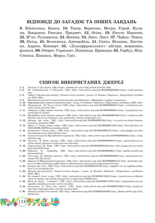 124
 Іменник Гумористичні вірші
ВІДПОВІДІ ДО ЗАГАДОК ТА ІНШИХ ЗАВДАНЬ
8. Бібліотека. Книга. 10. Театр. Вересень. Метро. Герой. Вули-
ця. Завдання. Рюкзак. Предмет. 12. Осінь. 19.  Квест: Кишеня.
23. М’яч. Рукавичка. 24. Восени. 33. Лист. Лист. 37. Чайка. Човен.
38. Поїзд. 43. Велосипед. Автомобіль. 51. Свято. Вітання. Листів-
ка. Адреса. Конверт. 55.  «Дешифрувальник»: айстри, жоржини,
флокси. 80. Очерет. Горизонт. Пшениця. Криниця. 85. Гарбуз. Ніж.
Стежка. Книжка. Мороз. Сніг.
СПИСОК ВИКОРИСТАНИХ ДЖЕРЕЛ
С. 5.	 Роляник Р. До школи. URL: https://vseodetyah.com/child_article.html?id=358
С. 6.	 Ю. Хандожинська. У бібліотеці. URL: http://web.archive.org/web/20190830083634/https://mala.storinka.
org/
С. 8.	 Чубач Г. Загадка про книжку. Тисяча п’ятсот загадок / уклад.: Л. Вознюк, Тернопіль : Підручники і посібни-
ки, 2016. 208 с.
С. 8	 Використано тексти Галини Сапун (загадка про бібліотеку, «Мандрівка у країну словників»).
С. 10.	 Орфографічний словник української мови / уклад. Л. Олійник. Тернопіль : Підручники і посібники, 2018. 352 с.
С. 10.	 Маморський  М. Чого я вчуся? URL: http://web.archive.org/web/20190830090353/https://vseodetyah.com/
child_article.html?id=354
С. 11.	 Андрусяк І. Про користь читання. URL: http://web.archive.org/web/20190830090824/http://sonyashnik.com/
verses/92/12_0.html
С. 12.	 Що робити, коли книжка намокла. URL: http://web.archive.org/web/20190830091032/http://vyshneve-sch3-
bibl.kiev.sch.in.ua/chitachevi/yak_podovzhiti_zhittya_knigi/pvi=pvi
С. 12.	 Загадка про осінь. URL: http://web.archive.org/web/20190830091204/http://ru.osvita.ua/school/lessons_
summary/outschool/3498/
С. 15.	 Бойко Г. Стоять осінні клени. URL: http://web.archive.org/web/20190830091549/https://lib.misto.kiev.ua/
UKR/BOOK/BOYKO/osinnikleni.dhtml
С. 15.	 Блажкевич І. Осінь, осінь... URL: http://web.archive.org/web/20190830092123/https://sites.google.com/site/
osinsedracarivnica/cikavinki-pro-osin
С. 16.	 Сухомлинський В. Що найтяжче журавлям. URL: http://web.archive.org/web/20190830092802/https://mala.
storinka.org/
С. 18.	 Зінченко В. Осінь малюю. URL: http://web.archive.org/web/20190830093010/https://pustunchik.ua/ua/
online-school/literature/virshi-pro-osin-dlia-ditei
С. 18.	 Хоросницька М. Осінь. URL: http://web.archive.org/web/20190830093446/http://deti.e-papa.com.ua/virshi-
dlya-ditei/9170.html
С. 20.	 Оберемок В.  Грибозбір. URL: http://web.archive.org/web/20190830093811/http://abetka.ukrlife.org/
oberemok4.htm
С. 22.	 Стельмах М. Зайцева капуста. URL: http://web.archive.org/web/20190830094000/http://sonyashnik.com/
verses/107/36_0.html
С. 22.	 Кравчук В. Журавлиний подарунок. URL: http://web.archive.org/web/20190830094127/http://posnayko.com.
ua/ru/reader/knizhnaya-polka/osennie-stihotvoreniya/zhuravlyniy-podarunok-215.html
С. 23.	 Загадка про м’яч. URL: http://web.archive.org/web/20190830105726/http://zagadki1.ru/ua/zagadka/skilky-
byut-a-vin-ne-plache.htm
С. 23.	 Загадка про рукавичку. Тисяча п’ятсот загадок / уклад.: Л. Вознюк, Тернопіль : Підручники і посібники,
2016. 208 с.
С. 24.	 На подвір’ї стали в ряд. URL: http://web.archive.org/web/20190830110423/https://naurok.com.ua/zbirnik-
vprav-ta-zavdan-rep-yashok-pravopis-sliv-z-apostrofom-39265.html
С. 24.	 Коли це буває... (загадка). URL: http://web.archive.org/web/20190830110701/http://megaznaika.com.ua/
zagadku/zahadky-pro-osin-i-osinni-misyatsi/
С. 24.	 Погинайко О. Осінь без смутку. URL: https://web.archive.org/web/20190830110924/https://kazka.in/
fairytails/oleg-pogynayko/osin-bez-smutku.html
С. 26.	 Посадіть калину коло школи. URL: http://web.archive.org/web/20200203165236/http://abetka.ukrlife.org/symb_
kalyna.htm
 