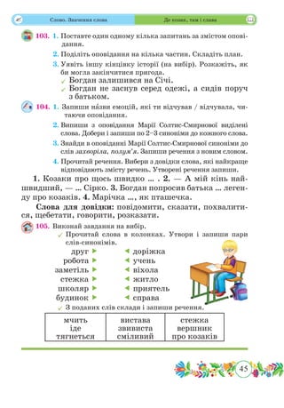 45
 Слово. Значення слова Де козак, там і слава
103.	 1. Поставте один одному кілька запитань за змістом опові-
дання.
	 2.	Поділіть оповідання на кілька частин. Складіть план.
	 3.	Уявіть іншу кінцівку історії (на вибір). Розкажіть, як
би могла закінчитися пригода.
	Богдан залишився на Січі.
	Богдан не заснув серед одежі, а сидів поруч
з батьком.
104. 1. Запиши нˆазви емоцій, які ти відчував / відчувала, чи-
таючи оповідання.
	 2.	Випиши з оповідання Марії Солтис-Смирнової виділені
слова. Добери і запиши по 2–3 синоніми до кожного слова.
	 3.	Знайди в оповіданні Марії Солтис-Смирнової синоніми до
слів захворіла, полум’я. Запиши речення з новим словом.
	 4.	Прочитай речення. Вибери з довідки слова, які найкраще
відповідають змісту речень. Утворені речення запиши.
1. Козаки про щось швидко … . 2. — А мій кінь най­
швидший, — … Сірко. 3. Богдан попросив батька … леген-
ду про козаків. 4. Марічка …, як пташечка.
Слова для довідки: повідомити, сказати, похвалити-
ся, щебетати, говорити, розказати.
105.	 Виконай завдання на вибір.
	Прочитай слова в колонках. Утвори і запиши пари
слів-синонімів.
	З поданих слів склади і запиши речення.
мчить
іде
тягнеться
вистава
звивиста
сміливий
стежка
вершник
про козаків
друг 
робота 
заметіль 
стежка 
школяр 
будинок 
 доріжка
 учень
 віхола
 житло
 приятель
 справа
 