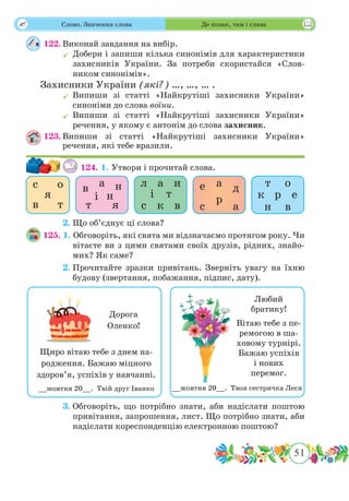 51
 Слово. Значення слова Де козак, там і слава
122.	Виконай завдання на вибір.
	Добери і запиши кілька синонімів для характеристики
захисників України. За потреби скористайся «Слов-
ником синонімів».
Захисники України (які?) …, …, … .
	Випиши зі статті «Найкрутіші захисники України»
синоніми до слова воїни.
	Випиши зі статті «Найкрутіші захисники України»
речення, у якому є антонім до слова захисник.
123.	Випиши зі статті «Найкрутіші захисники України»
речення, які тебе вразили.
124. 1. Утвори і прочитай слова.
	 2.	Що об’єднує ці слова?
125. 1. Обговоріть, які свята ми відзначаємо протягом року. Чи
вітаєте ви з цими святами своїх друзів, рідних, знайо-
мих? Як саме?
	 2.	Прочитайте зразки привітань. Зверніть увагу на їхню
будову (звертання, побажання, підпис, дату).
	 3.	Обговоріть, що потрібно знати, аби надіслати поштою
привітання, запрошення, лист. Що потрібно знати, аби
надіслати кореспонденцію електронною поштою?
с о
т
я
в
в
т
і
н
я
а
н
л
с
і
и
в
а
к
т
е
с
д
а
а
р к
н
т
е
в
р
о
Любий
братику!
Вітаю тебе з пе-
ремогою в ша-
ховому турнірі.
Бажаю успіхів
і нових
перемог.
__жовтня 20__. Твоя сестричка Леся
Дорога
Оленко!
Щиро вітаю тебе з днем на-
родження. Бажаю міцного
здоров’я, успіхів у навчанні.
__жовтня 20__. Твій друг Іванко
 