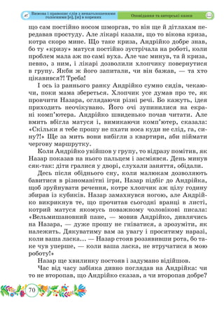 70
 Оповідання та авторські казки
що сам постійно носом шморгав, то він ще й дітлахам пе-
редавав простуду. Але лікарі казали, що то вікова криза,
котра скоро мине. Що таке криза, Андрійко добре знав,
бо ту «кризу» матуся постійно зустрічала на роботі, коли
проблем мала аж по самі вуха. Але час минув, та й криза,
певно, з ним, і лікарі дозволили хлопчику повернутися
в групу. Якби ж його запитали, чи він бажав, — та хто
цікавився?! Треба!
І ось із раннього ранку Андрійко сумно сидів, чекаю-
чи, поки мама збереться. Хлопчик усе думав про те, як
провчити Назара, оглядаючи різні речі. Бо кажуть, ідея
приходить неочікувано. Його очі зупинилися на екра-
ні комп’ютера. Андрійко швиденько почав читати. Але
вмить вбігла матуся і, вимикаючи комп’ютер, сказала:
«Скільки я тебе прошу не пхати носа куди не слід, га, си-
ну?!» Ще за мить вони вибігли з квартири, аби піймати
чергову маршрутку.
Коли Андрійко увійшов у групу, то відразу помітив, як
Назар показав на нього пальцем і засміявся. День минув
сяк-так: діти гралися у дворі, слухали заняття, обідали.
Десь після обіднього сну, коли малюкам дозволяють
бавитися в різноманітні ігри, Назар підбіг до Андрійка,
щоб зруйнувати речення, котре хлопчик аж цілу годину
збирав із кубиків. Назар замахнувся ногою, але Андрій-
ко викрикнув те, що прочитав сьогодні вранці в листі,
котрий матуся якомусь поважному чоловікові писала:
«Вельмишановний пане, — мовив Андрійко, дивлячись
на Назара, — дуже прошу не гніватися, а зрозуміти, як
належить. Дякуватиму вам за увагу і проситиму наразі,
коли ваша ласка... — Назар стояв роззявивши рота, бо та-
ке чув уперше, — коли ваша ласка, не втручатися в мою
роботу!»
Назар ще хвилинку постояв і задумано відійшов.
Час від часу забіяка дивно поглядав на Андрійка: чи
то не второпав, що Андрійко сказав, а чи второпав добре?
Вимова і правопис слів з ненаголошеними
голосними [е], [и] в коренях
 
