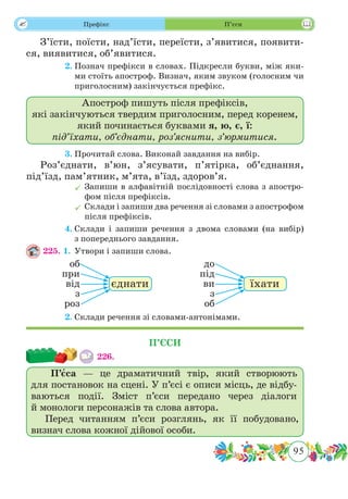 95
 Префікс П’єси
З’їсти, поїсти, над’їсти, переїсти, з’явитися, появити-
ся, виявитися, об’явитися.
	 2.	Познач префікси в словах. Підкресли букви, між яки-
ми стоїть апостроф. Визнач, яким звуком (голосним чи
приголосним) закінчується префікс.
Апостроф пишуть після префіксів,
які закінчуються твердим приголосним, перед коренем,
який починається буквами я, ю, є, ї:
під’їхати, об’єднати, роз’яснити, з’юрмитися.
	 3.	Прочитай слова. Виконай завдання на вибір.
Роз’єднати, в’юн, з’ясувати, п’ятірка, об’єднання,
під’їзд, пам’ятник, м’ята, в’їзд, здоров’я.
	Запиши в алфавітній послідовності слова з апостро-
фом після префіксів.
	Склади і запиши два речення зі словами з апострофом
після префіксів.
	 4.	Склади і запиши речення з двома словами (на вибір)
з попереднього завдання.
225. 1.	Утвори і запиши слова.
	 2.	Склади речення зі словами-антонімами.
П’ЄСИ
226.	
П’єса — це драматичний твір, який створюють
для постановок на сцені. У п’єсі є описи місць, де відбу-
ваються події. Зміст п’єси передано через діалоги
й монологи персонажів та слова автора.
Перед читанням п’єси розглянь, як її побудовано,
визнач слова кожної дійової особи.
об
при
від
з
роз
єднати
до
під
ви
з
об
їхати
 