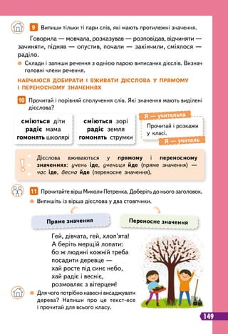 сміються діти
радіє мама
гомонять школярі
сміються зорі
радіє земля
гомонять струмки
		
11   Прочитайте вірш Миколи Петренка. Доберіть до нього заголовок.
 
Склади і запиши речення з однією парою виписаних дієслів. Визнач
головні члени речення.
		
 
Випишіть із вірша дієслова у два стовпчики.
		
 
Для чого потрібно навесні висаджувати
дерева? Напиши про це текст-есе
і прочитай для всього класу.
Говорила — мовчала, розказував — розповідав, відчиняти —
зачиняти, підняв — опустив, почали — закінчили, сміялося —
раділо.
Гей, дівчата, гей, хлоп’ята!
А беріть мерщій лопати:
бо ж людині кожній треба
посадити деревце —
хай росте під синє небо,
хай радіє і весніє,
розмовляє з вітерцем!
		
9   Випиши тільки ті пари слів, які мають протилежні значення.
10   Прочитай і порівняй сполучення слів. Які значення мають виділені
дієслова?
Н
авчаюся добирати і вживати дієслова у прямому
і переносному значеннях
Прочитай і розкажи
у класі.
Я — учителька
Я — учитель
Дієслова вживаються у прямому і переносному
значеннях: учень іде, учениця йде (пряме значення) —
час іде, весна йде (переносне значення).
Пряме значення Переносне значення
149
 