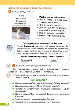 100
Н
авчаюся
р
озби
р
ати слова за будовою
6   
Розбери за будовою слова.
сніги
морозець
біленький
безбарвний
Зразок усного розбору слова за будовою
У слові безмежний закінчення -ий, основа безмежн-, бо
воно змінюється так: безмежний, безмежному, безмежним.
Корінь -меж-, бо такий самий корінь є у спільнокореневих
словах межа, межувати. Префікс без-, суфікс -н-.
Зразок письмового розбору слова за будовою
Безмежн ий
				
сніжок
		
7   
Розберіть слова за будовою (письмово).
Сад — садок, кущ — кущик, хліб — хлібець, мир — мирний,
хмарний — безхмарний, учитель — учителька.
		
 
Поясни, які частини другого слова змінили значення першого
слова. Познач їх.
Що я знаю?
		
 
Що таке закінчення? Що таке основа слова? Як їх визначають?
		
 
Що називається коренем? Як знайти корінь слова?
		
 
Пригадай, як вимовляються і пишуться ненаголошені [е], [и] в
коренях слів.
		
 
Що таке префікс? Що таке суфікс? Що спільного і відмінного
між ними?
		
 
Правила правопису яких префіксів тобі відомі?
		
 
Пригадай, коли пишеться апостроф після префіксів.
Р
озбір слова за будовою
 
Зміни слово за питаннями
і визнач закінчення.
 
Визнач основу слова.
  
Добери до слова спільно
­
кореневі та визнач корінь.
  
Визнач префікс, якщо він є.
  
Визнач суфікс, якщо він є.
 